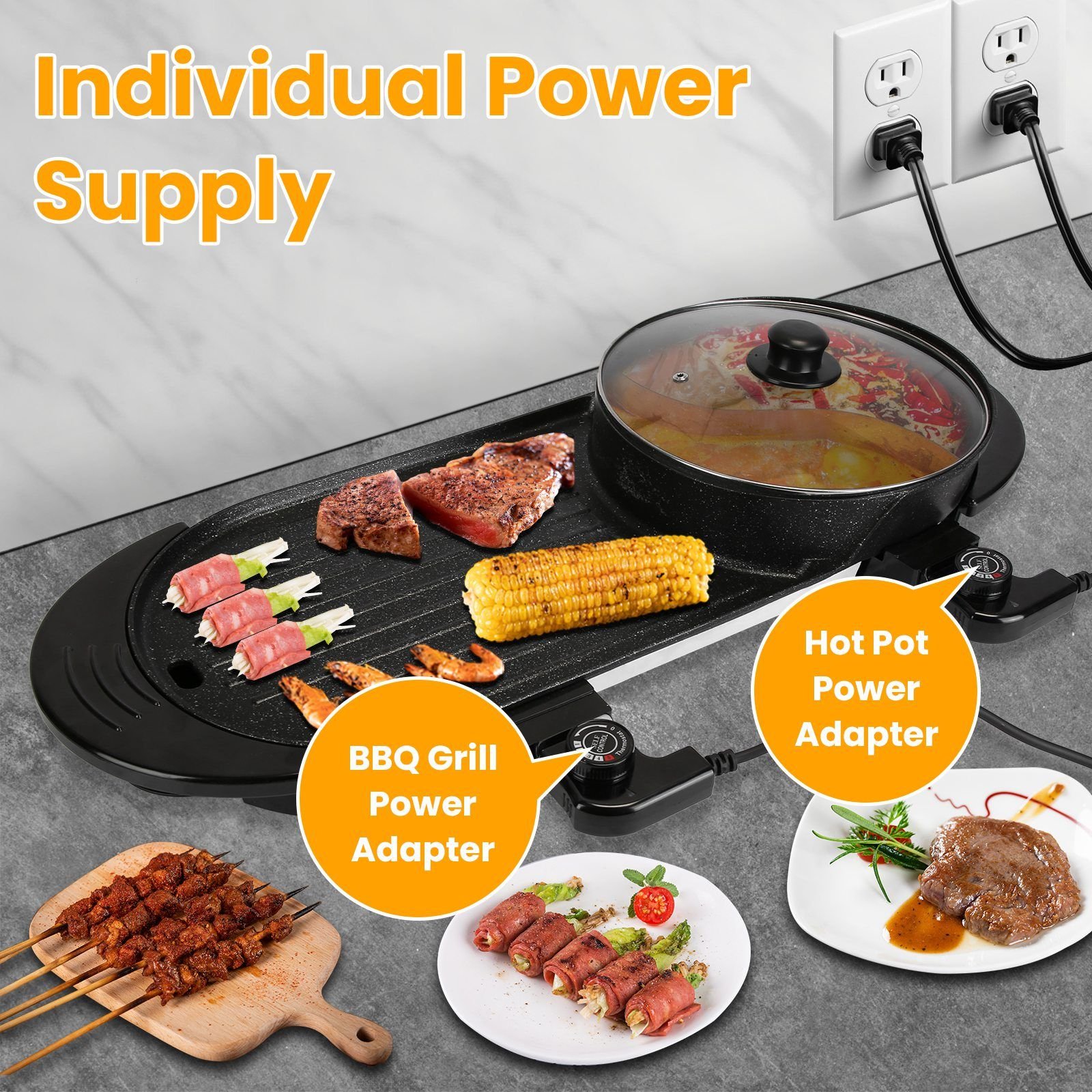 2 in 1 Electric Hot Pot with BBQ Grill Cooker 2200W Smokeless Non-Stick ...